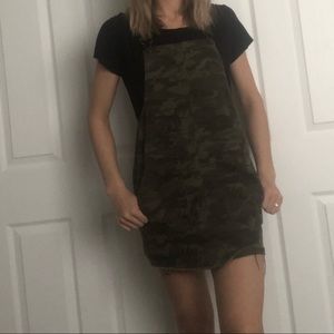 Distressed camo overall dress